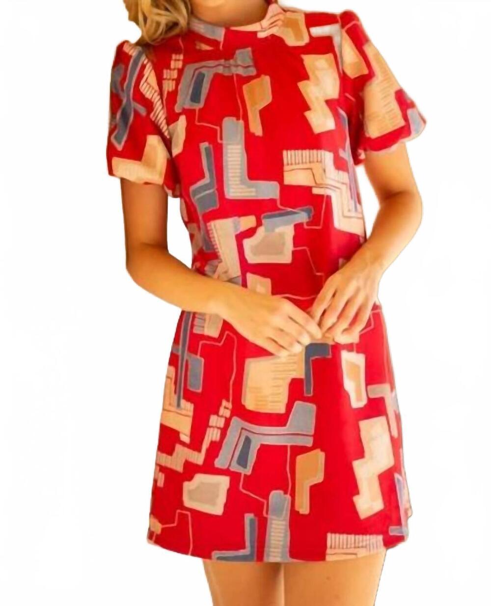 NEW VOY bubble sleeve tie back print mini shift dress in red